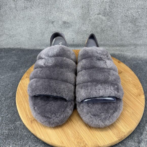 UGG Fluff Yeah Slide Shoes Youth Size 5 Gray Fuzzy Slingback Slippers 1116492K - Picture 3 of 9